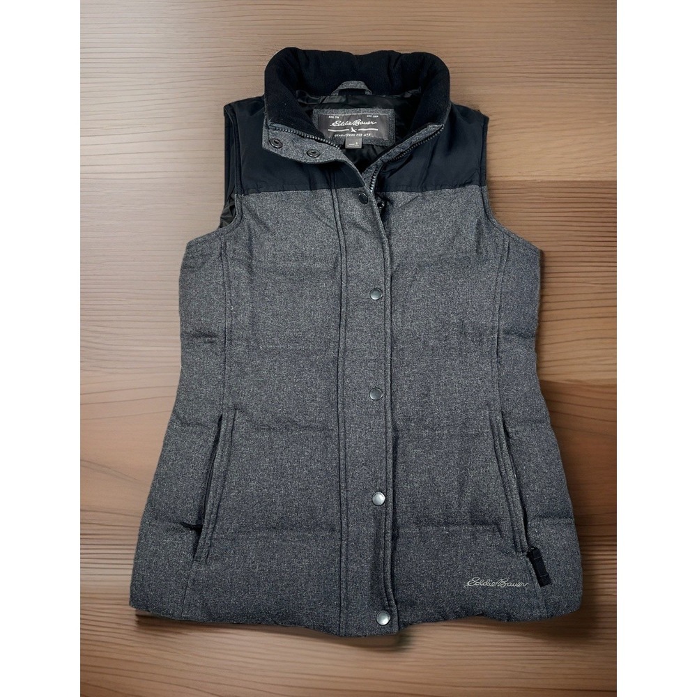 Eddie Bauer Goose Down Vest Fill Women S Black/Gray Quilted Puffer Full Zip-EUC